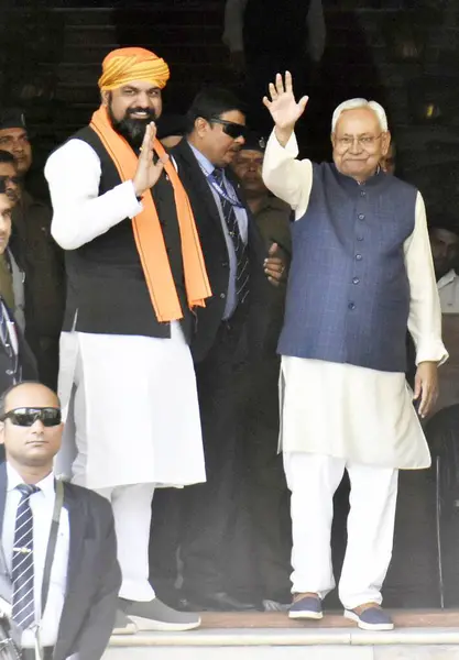 stock image PATNA INDIA FEBRUARY 28 2024 Bihar Chief Minister Nitish Kumar and Deputy Chief Minister Samrat Choudhary arriving to attend Budget Session at Bihar Assembly on February 28 2024 in Patna India Photo by Santosh Kumar Hindustan Times