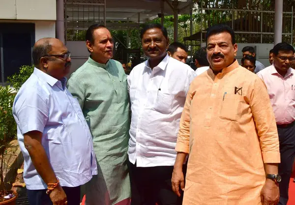 stock image MUMBAI INDIA FEBRUARY 28 2024 Shivsena UBT leader Anil Parab BJP leader Rajan Singh Congress leader Chandrakant Handore along with Shivsena UBT Bhaskar Jadhav interact during the Maharashtra Assembly Budget Session at Vidhan Bhavan Nariman Point on F