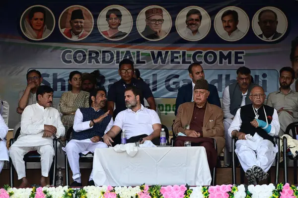 stock image SRINAGAR INDIA SEPTEMBER 4 2024 Congress Leader of Opposition in Lok Sabha Rahul Gandhi with Jammu and National Conference president Farooq Abdullah and other leaders during a assembly election rally in Dooru Anantnag some 85 kms from Srinagar India 