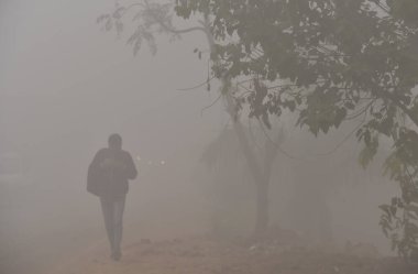 GHAZIABAD INDIA 13 HAZİKA 2024 Soğuk hava koşullarında ve NH9 Dasna 'da yoğun siste 13 Ocak 2024' te Ghaziabad Hindistan 'da görülen sisli sabah meydan okumaları Delhi NCR' nin Kuzey Hindistan 'da giderek artan soğuk dalgalı civa dalgıçlarıyla