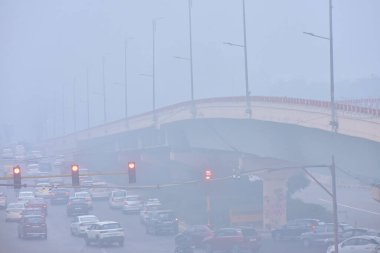 NEW DELHI INDIA JANUARY 15 HAZİRAN 15.2024 Soğuk ve sisli bir sabahta Sarai lahana khan üstgeçişi Indraprastha parkı yakınlarında yükselişte olan hava kirliliği seviyesinde sisli bir sabah Delhi NCR 'ye meydan okuyor.