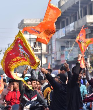 GHAZIABAD INDIA JANUARY 21 Ocak 2024 Shri Ram Lalla idolü Pran Pratishtha Geçit Töreni, 21 Ocak 2024 'te Ayodhya' daki Ram Tapınağı 'nın kutsanmasına ilişkin Rajnagar' da başladı. 