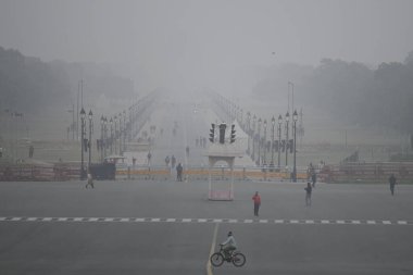 NEW DELHI INDIA JANUARY 12024 Soğuk ve sisli bir sabahta Kartavya Yolu bir görünüm Meteoroloji Departmanı yoğun sis beklendiğini söyledi önümüzdeki iki gün boyunca Delhi NCT 'de Havanın etkisi ulaşım hizmetleri üzerinde görülebilir