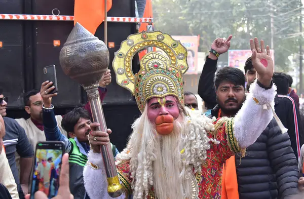 stock image GHAZIABAD INDIA JANUARY 21 2024 Artist dressed as Hanuman ji dancing in the procession before the inauguration of Shri Ram Temple consecration in Ayodhya on January 21 2024 in Ghaziabad India Photo by Sakib Ali Hindustan Times 