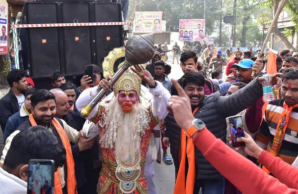 stock image GHAZIABAD INDIA JANUARY 21 2024 Artist dressed as Hanuman ji dancing in the procession before the inauguration of Shri Ram Temple consecration in Ayodhya on January 21 2024 in Ghaziabad India Photo by Sakib Ali Hindustan Times 