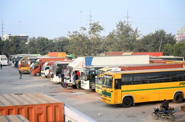 NOIDA INDIA JANUARY 2 2024 Vehicles parked in queue after drivers strike in Sector 69 Transport Nagar Commercial vehicle drivers on Monday staged massive protests in several states across the country against the new hit and run law that increases jai clipart