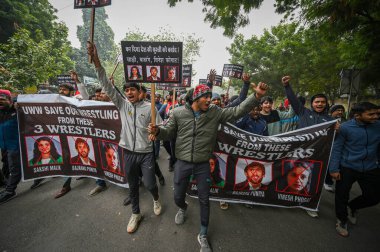 NEW DELHI INDIA JANUARY 3 2024 Under 18 Junior Wrestlers protesting for non conduction of National Tournaments from a Year at Jantar Mantar Hundreds of junior wrestlers from Uttar Pradesh Haryana and Delhi protested against the loss of a crucial year clipart