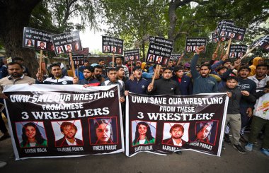 NEW DELHI INDIA JANUARY 3 2024 Under 18 Junior Wrestlers protesting for non conduction of National Tournaments from a Year at Jantar Mantar Hundreds of junior wrestlers from Uttar Pradesh Haryana and Delhi protested against the loss of a crucial year clipart