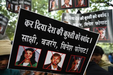 NEW DELHI INDIA JANUARY 3 2024 Several junior wrestlers assemble at Jantar Mantar to protest against the Indian Wrestlers Bajrang Punia Sakshi Malik and Vinesh Phogat Hundreds of junior wrestlers from Uttar Pradesh Haryana and Delhi protested against clipart