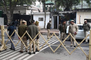 NEW DELHI INDIA JANUARY 3 2024 Security personnel seen outside the residence of Delhi CM Arvind Kejriwal as he received summon to get produced among ED at Civil Lines After Delhi chief minister and Aam Aadmi Party AAP chief Arvind Kejriwal skipped th clipart