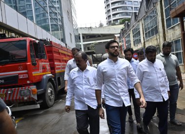 MUMBAI INDIA SEPTEMBER 6 2024 Shiv Sena UBT MLA Aditya Thackeray visited Kamala Mills after fire was doused by Fire Brigade Officials at Lower Parel on September 6 2024 in Mumbai India Photo by Anshuman Poyrekar/Hindustan Times  clipart