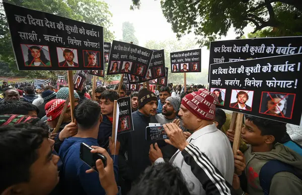 stock image NEW DELHI INDIA JANUARY 3 2024 Under 18 Junior Wrestlers protesting for non conduction of National Tournaments from a Year at Jantar Mantar Hundreds of junior wrestlers from Uttar Pradesh Haryana and Delhi protested against the loss of a crucial year