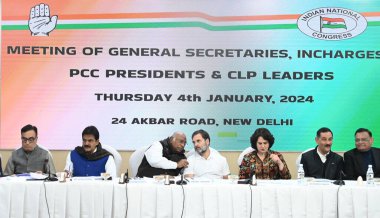 NEW DELHI INDIA JANUARY 4 2024 Congress President Mallikarjun Kharge with party leaders Rahul Gandhi General Secretaries Priyanka Gandhi Vadra KC Venugopal and others during a meeting of the party general secretaries in charges Pradesh Congress Commi clipart