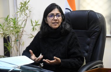 NEW DELHI INDIA JANUARY 5 2024 Delhi Commission for Women Chairperson Swati Maliwal speaks after released 8 years report of its work during a press conference at her office Aam Aadmi Party AAP has nominated Swati Maliwal chairperson of the clipart