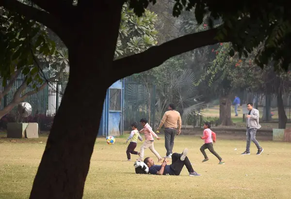 GURUGRAM INDIA HAZİRAN 6: 2024 İnsanlar kış öğleden sonra, Huda Market yakınlarındaki 29. Bölge 'deki Keyif Vadisi Parkı' nda güneşli havanın tadını çıkarıyorlar.