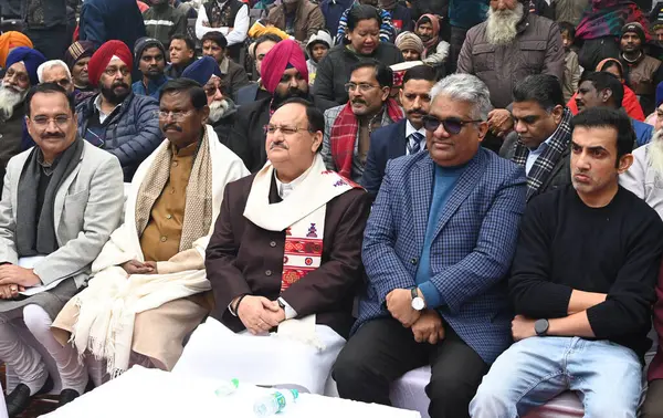 stock image NEW DELHI INDIA JANUARY 8 2024 National BJP President JP Nadda along with Union Ministers Arjun Munda & Bhupendra Yadav east Delhi MP Gautam Gambhir Delhi BJP President Virendra Sachdeva & LOP Ramvir Singh Bidhuri attending the Viksit Bharat Sankalp 