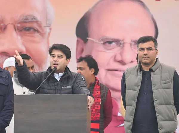 Stock image NEW DELHI INDIA JANUARY 8 2024 Union Minister of Civil Aviation Jyotiraditya Scindia addressing the Viksit Bharat Sankalp Yatra at Kheda Park DDA at Hastasal Uttam Nagar Photo by Vipin Kumar Hindustan Times 