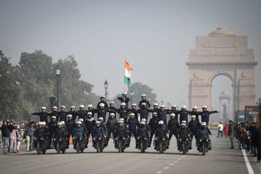 NEW DELHI INDIA JANUARY 11 2024 BSF Daredevils practicing on bikes for the upcoming Republic Day Parade at Kartavya Path Photo by Sanchit Khanna Hindustan Times  clipart