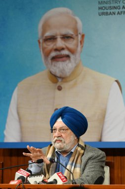 NEW DELHI INDIA JANUARY 12 2024 Hardeep Singh Puri Minister of Housing & Urban Affairs and Petroleum & Natural Gas briefs the media personnel on matters pertaining to Ministry of Housing & Urban Affairs at his residence at 6 Akbar Road Photo by Vipin clipart