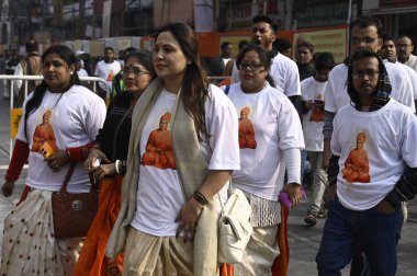 KOLKATA INDIA JANUARY 12 2024 On 161th birth anniversary of Swami Vivekananda members of Bharatiya Janata Yuva Morcha BJYM participate in Viksit Bharat Run from Swami ji ancestral house Photo by Samir Jana Hindustan Times  clipart