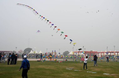 NEW DELHI INDIA JANUARY 13. 2024 Uluslararası Uçurtma Festivali 'nde Patang Utsav, Baansera şehrinde Delhi LG VK Saxena' nın açılış töreninde Yamuna Nehri kıyısındaki Sarai Kale Khan 'daki ilk bambu tema parkı
