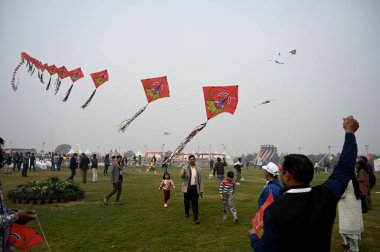 NEW DELHI INDIA JANUARY 13. 2024 Uluslararası Uçurtma Festivali 'nde Patang Utsav, Baansera şehrinde Delhi LG VK Saxena' nın açılış töreninde Yamuna Nehri kıyısındaki Sarai Kale Khan 'daki ilk bambu tema parkı