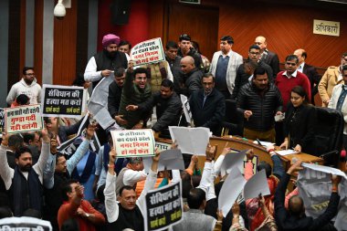 NEW DELHI INDIA JANUARY 15 2024 BJP MCD Councillors protesting against the Delhi AAP Government during the special MCD house meeting at Civic Centre A special session of the MCD House witnessed chaos as opposition councilors raised slogans tore paper clipart