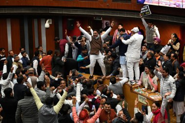 NEW DELHI INDIA JANUARY 15 2024 BJP MCD Councillors protesting against the Delhi AAP Government during the special MCD house meeting at Civic Centre A special session of the MCD House witnessed chaos as opposition councilors raised slogans tore paper clipart