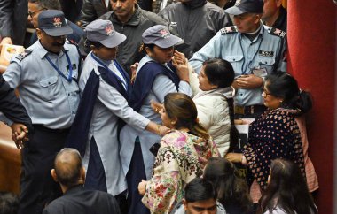 NEW DELHI INDIA JANUARY 15 2024 Opposition councilors shout slogans over special meeting on discussion on to vest the power of standing committee to the House till their formation and to discuss and decide issues relating to de sealing at local shopp clipart