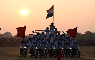 LUCKNOW INDIA JANUARY 15 2024 Signal Corps Daredevil perform stunts on bikes during aurya Sandhya on the occasion of Army Day at Surya Khel Parisar Photo by Deepak Gupta Hindustan Times  clipart