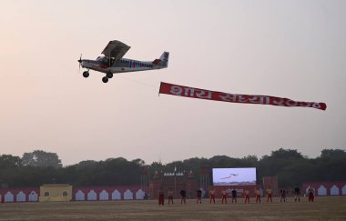 LUCKNOW INDIA JANUARY 15 2024 IAF planes fly past during aurya Sandhya on the occasion of Army Day at Surya Khel Parisar Photo by Deepak Gupta Hindustan Times  clipart