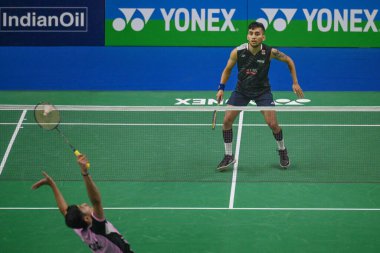 NEW DELHI INDIA JANUARY 16 2024 Lakshya Sen from India competes during the men singles match against Priyanshu Rajawat of India at the Yonex Sunrise India Open 2024 badminton tournament Photo by Sanchit Khanna Hindustan Times  clipart