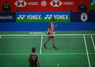 NEW DELHI INDIA JANUARY 16 2024 Priyanshu Rajawat of India competes during the men singles match against Lakshya Sen from India at the Yonex Sunrise India Open 2024 badminton tournament Photo by Sanchit Khanna Hindustan Times  clipart