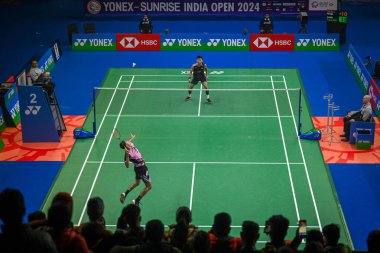 NEW DELHI INDIA JANUARY 16 2024 Lakshya Sen from India competes during the men singles match against Priyanshu Rajawat of India at the Yonex Sunrise India Open 2024 badminton tournament Photo by Sanchit Khanna Hindustan Times  clipart