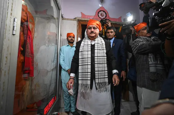 stock image NEW DELHI INDIA JANUARY 14 2024 BJP National President J P Nadda cleans a temple to launch a week long Swachhata Drive on the occasion of Pran Pratishtha of Ram Lala at Guru Ravidas Mandir