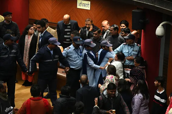 stock image NEW DELHI INDIA JANUARY 15 2024 BJP MCD Councillors protesting against the Delhi AAP Government during the special MCD house meeting at Civic Centre A special session of the MCD House witnessed chaos as opposition councilors raised slogans tore paper