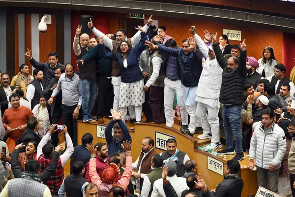 stock image NEW DELHI INDIA JANUARY 15 2024 AAP councilors celebrates after the pass two bills during the special meeting to discussion on to vest the power of standing committee to the House till their formation and to discuss and decide issues relating to de s