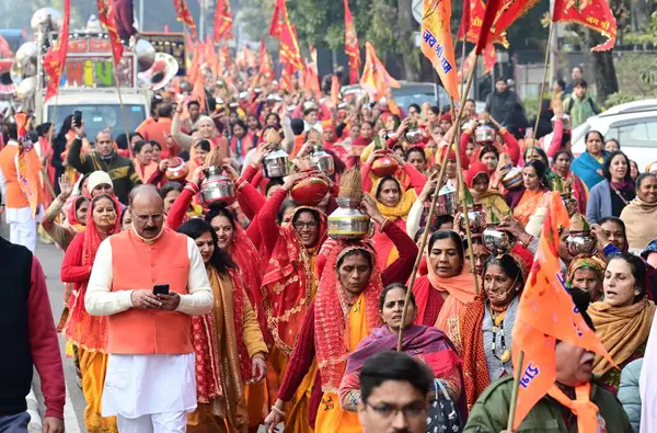 stock image CHANDIGARH INDIA JANUARY 15 2024 Large Number of Devotees Participated in Kalash Yatra ahead of Pran Prathistha ceremony of Ayodhya Ram Mandir