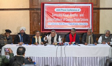 NEW DELHI INDIA JANUARY 17 2024 Members from Samyukt Kisan Morcha SKM and the platform of Central Trade Unions addressing a joint press conference for the announcement of their upcoming tractor rally on 26th January at Press Club of India Photo by Sa clipart