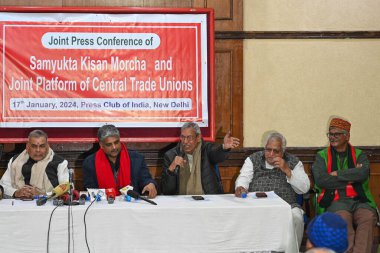 NEW DELHI INDIA JANUARY 17 2024 Members from Samyukt Kisan Morcha SKM and the platform of Central Trade Unions addressing a joint press conference for the announcement of their upcoming tractor rally on 26th January at Press Club of India Photo by Sa clipart