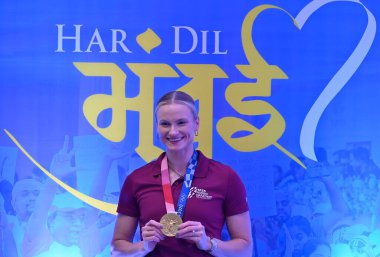 MUMBAI INDIA JANUARY 18 2024 Olympic and World Champion Pole Vaulter Katie Moon International event ambassador of 19th Tata Mumbai Marathon during the press conference at Marathi Patrakar Sangh Photo by Anshuman Poyrekar Hindustan Times  clipart