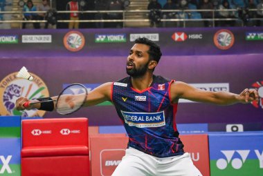 NEW DELHI INDIA JANUARY 19 Ocak 2024 Hintli Badminton oyuncusu H S Prannoy Yonex Sunrise India Open 2024 tarihinde Wang Tzu Wei 'ye karşı IGI Stadyumu Fotoğrafı: Vipin Kumar Hindustan Times 