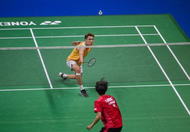 NEW DELHI INDIA JANUARY 20 2024 Lee Cheuk Yiu from Hong Kong competes during the Men Singles Match against Kodai Naraoka from Japan at Semi Final Match of the Yonex Sunrise India Open 2024 Badminton Tournament Photo by Sanchit Khanna Hindustan Times  clipart