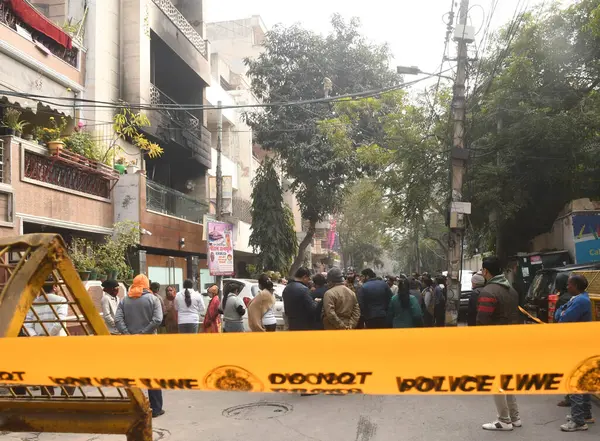 stock image NEW DELHI INDIA JANUARY 19 2024 A view of the multi storey building where a fire broke out on Thursday night at Pitampura area Six people were charred to death and one was injured in a fire which broke out in a multi storey residential building in De