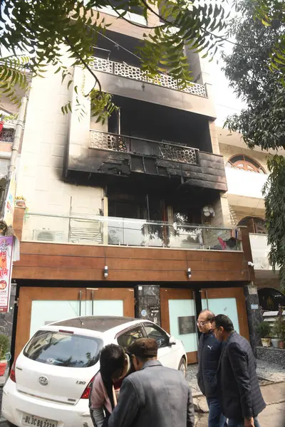 stock image NEW DELHI INDIA JANUARY 19 2024 A view of the multi storey building where a fire broke out on Thursday night at Pitampura area Six people were charred to death and one was injured in a fire which broke out in a multi storey residential building in De