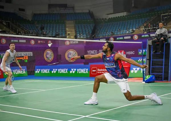 stock image NEW DELHI INDIA JANUARY 19 2024 Indian Badminton player H S Prannoy in action against Wang Tzu Wei TPE during Yonex Sunrise India Open 2024 at IGI Stadium Photo by Vipin Kumar Hindustan Times 