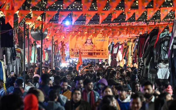 stock image NEW DELHI INDIA JANUARY 20 2024 A view of Bangali Market decorated with saffron flags ahead of the Shri Ram temple Pran Pratishtha in Ayodhya Photo by Raj K Raj Hindustan Times 