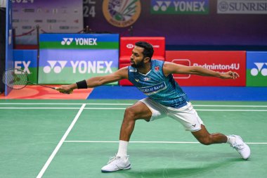 NEW DELHI INDIA JANUARY 20 2024 Prannoy H S Çin 'den Shi Yuqi ile Yonex Sunrise Hindistan Açık 2024 Badminton Turnuvası' nın yarı final karşılaşmasında Sanchit Khanna Hindustan Times 