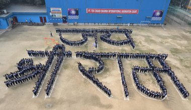 NEW DELHI INDIA JANUARY 20 2024 School students making human chain shown display Jai Shri Ram at Vidya Bal Bhawan Senior Secondary School clipart