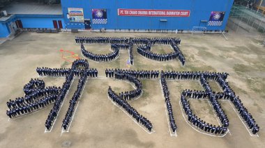 NEW DELHI INDIA JANUARY 20 2024 School students making human chain shown display Jai Shri Ram at Vidya Bal Bhawan Senior Secondary School clipart